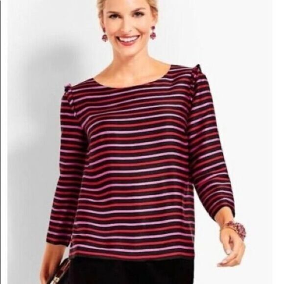 Talbots Sz 8 Rsvp Pink Red Stripe Top Ruffle Shoulder Silky Satin 3/4 Sleeve - Picture 1 of 6